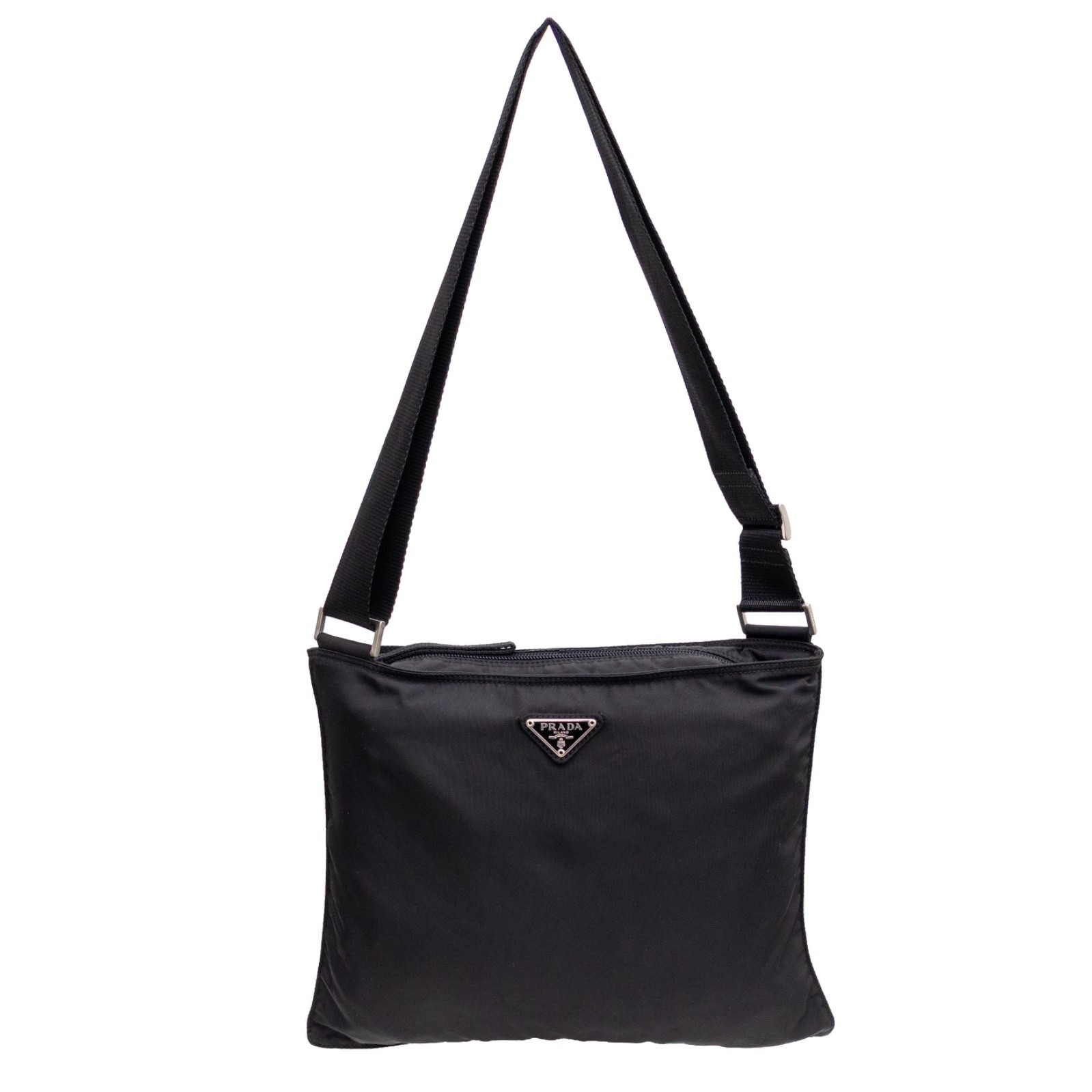 Prada Vintage Black Vela Nylon Small Flat Messenger Bag Adjustable Strap